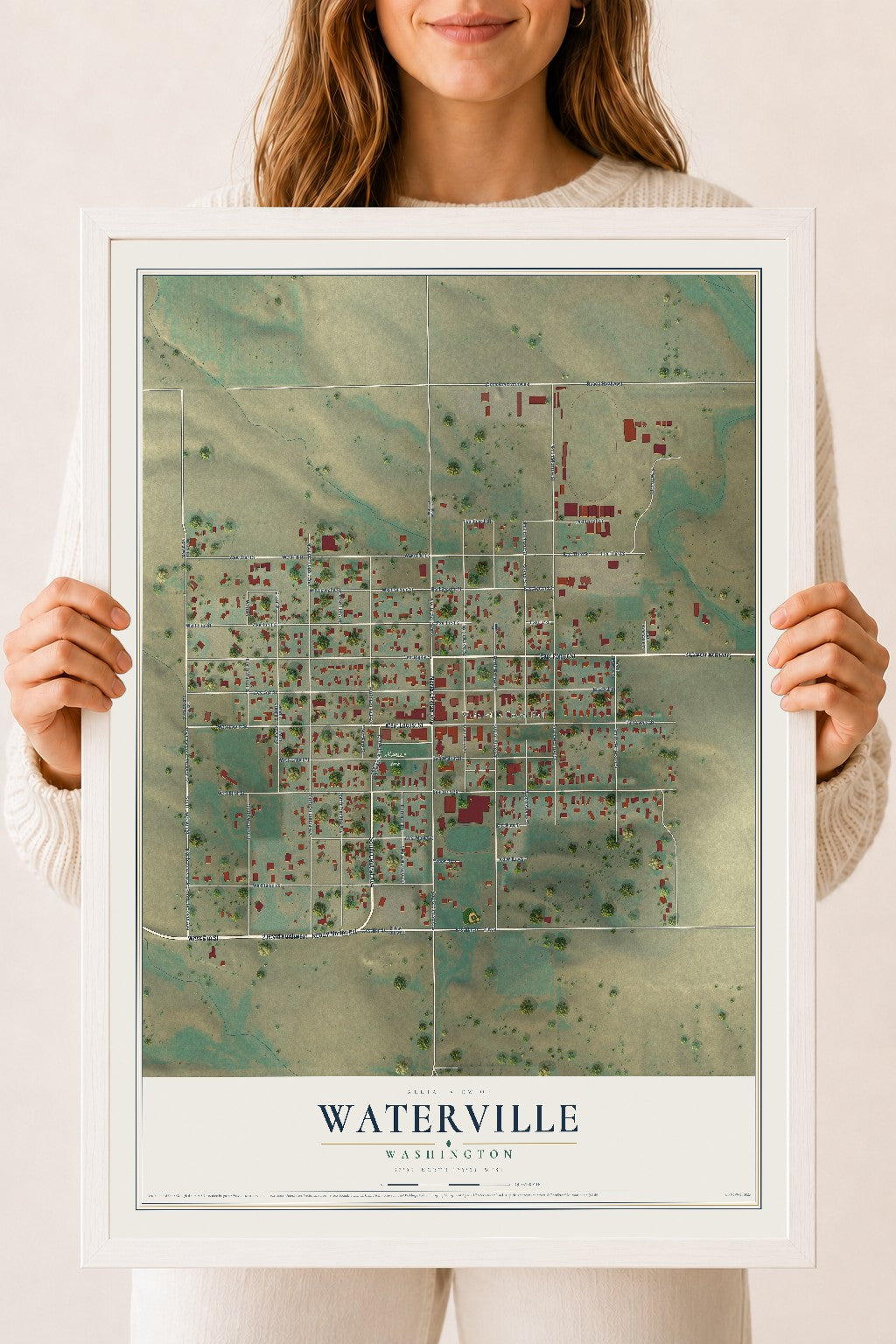 Map of Waterville, Washington, 18 x 24 inch print in a white wood frame
