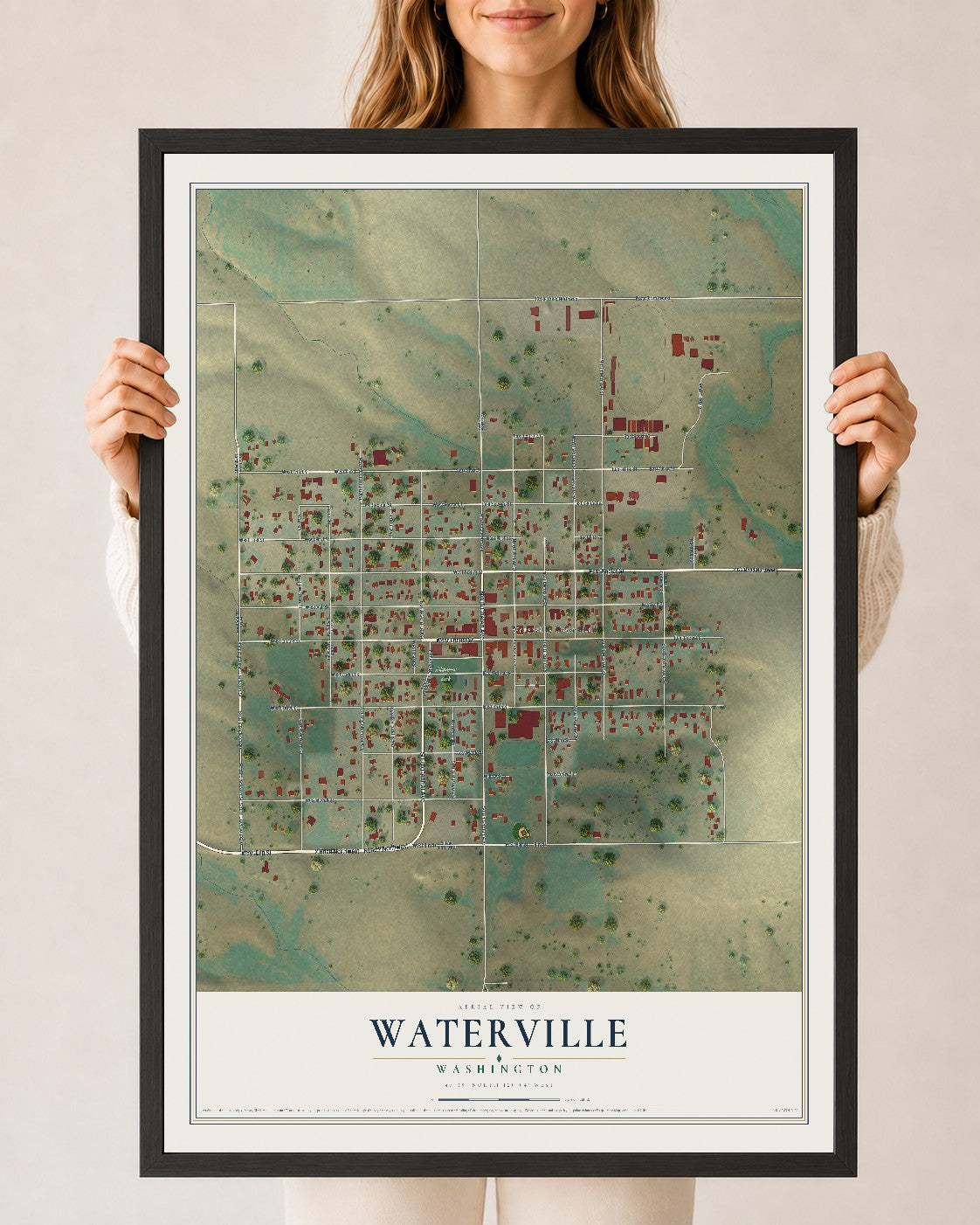Map of Waterville, Washington, 24 x 36 inch print in a black wood frame