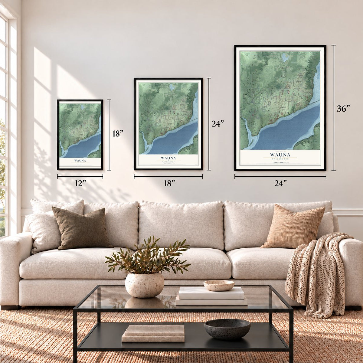 Wauna, Washington map in 12 x 18, 18 x 24 and 24 x 36 inch sizes above a sofa