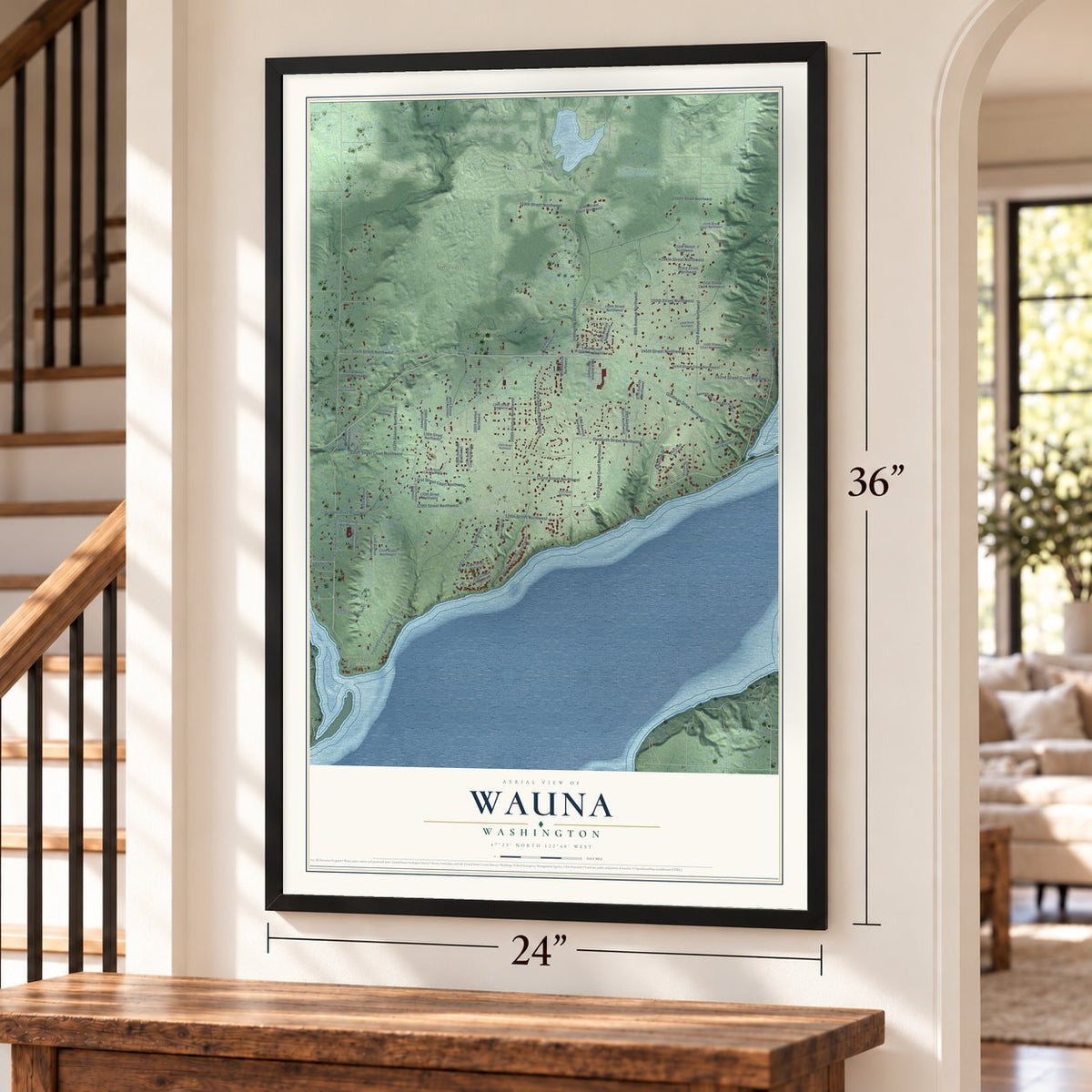 Wauna, Washington map, 24 x 36 inch print in a black frame by a staircase