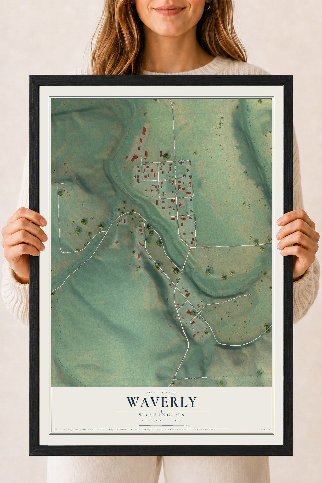 Map of Waverly, Washington, 18 x 24 inch print in a black wood frame