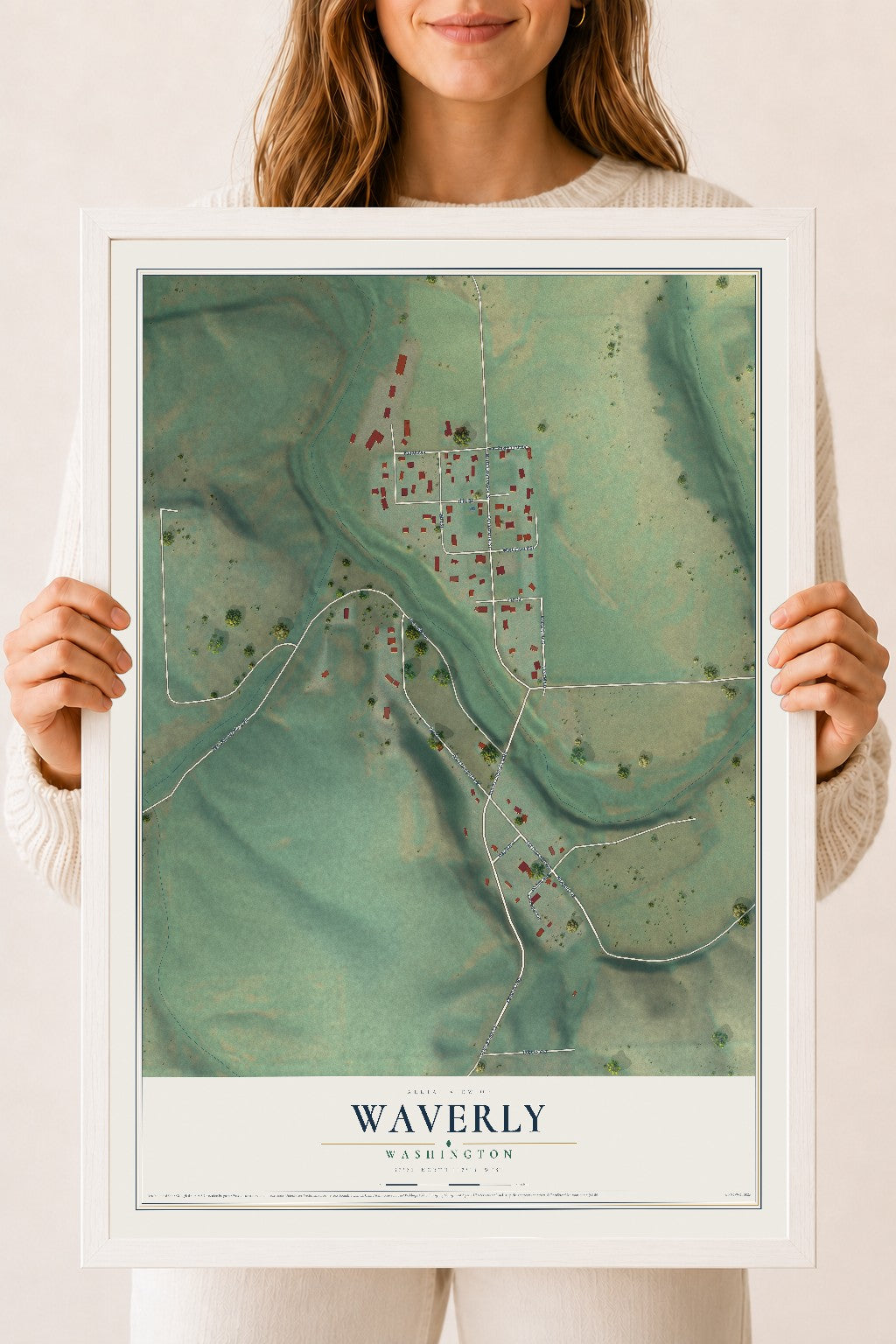 Map of Waverly, Washington, 18 x 24 inch print in a white wood frame