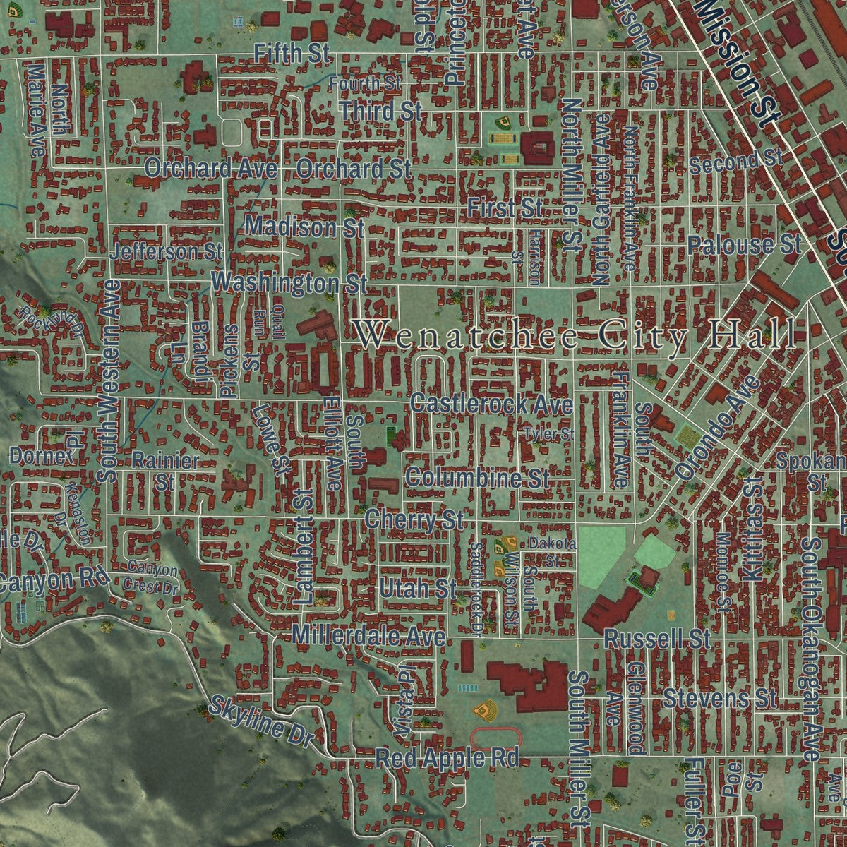 Close-up of the map of Wenatchee, Washington print showing street and building detail