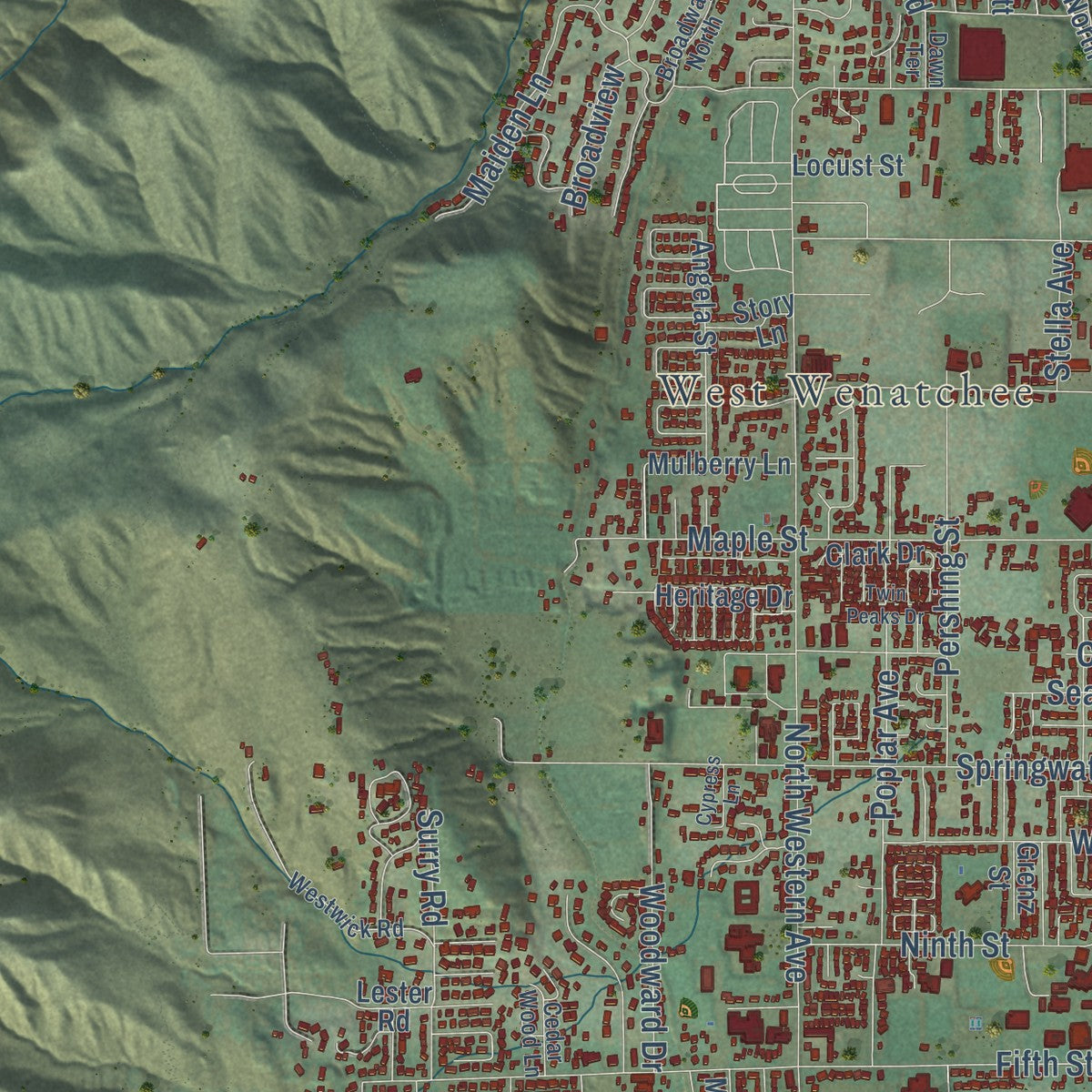 Second close-up of the map of Wenatchee, Washington print showing more streets and buildings