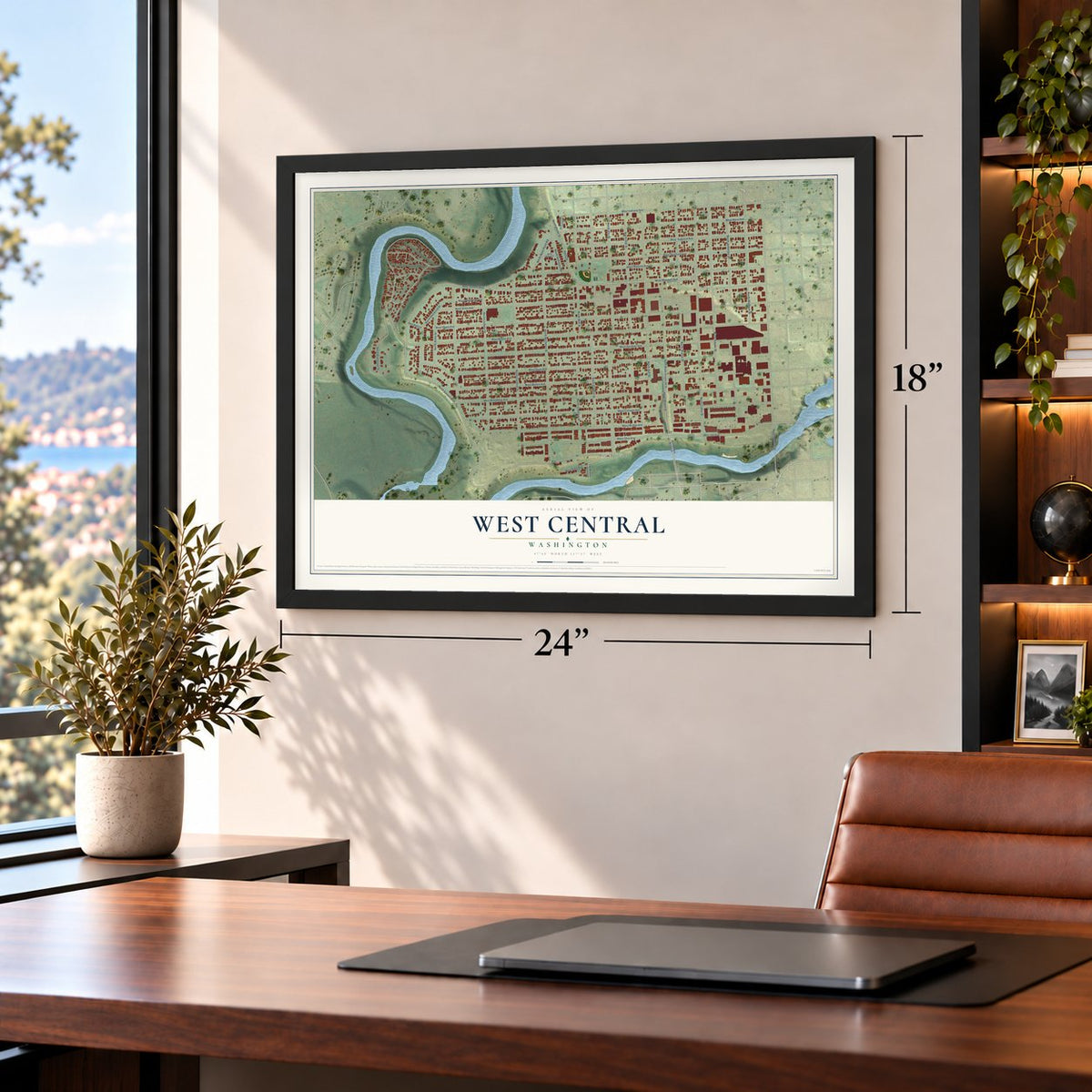 West Central, Washington map, 18 x 24 inch print in a black frame in a home office