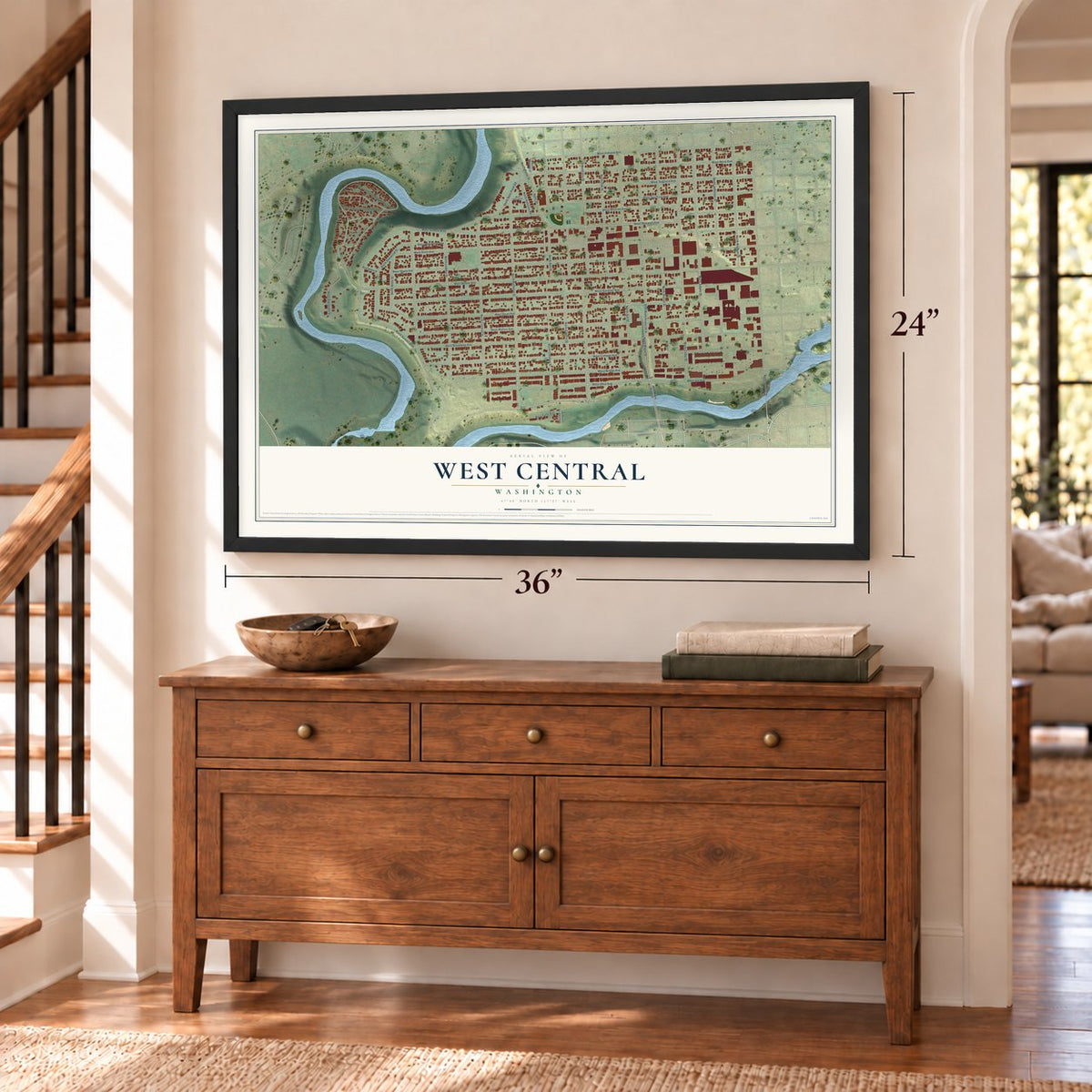 West Central, Washington map, 24 x 36 inch print in a black frame above a dresser by a staircase
