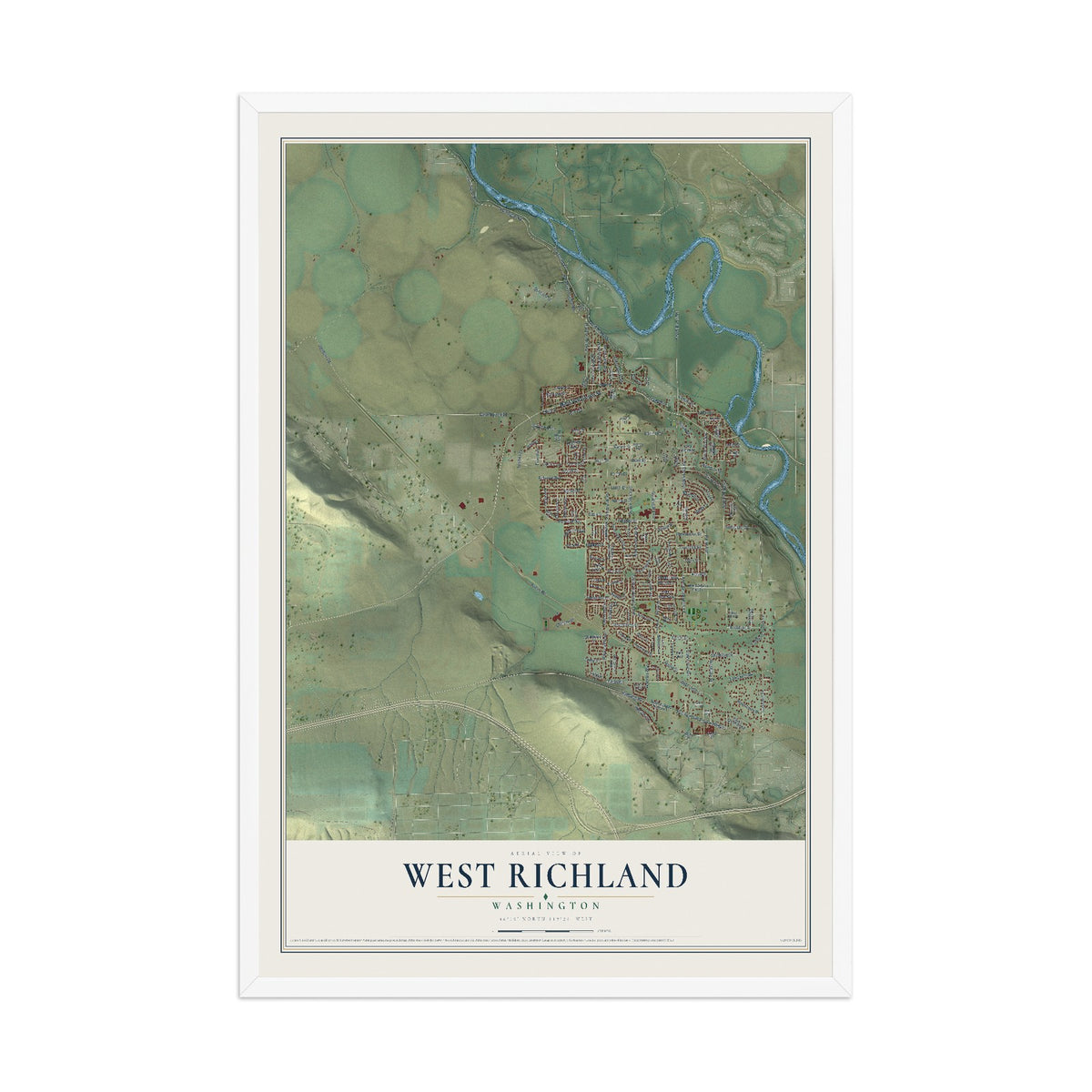 Map of West Richland, Washington, 12 x 18 inch print in a white wood frame