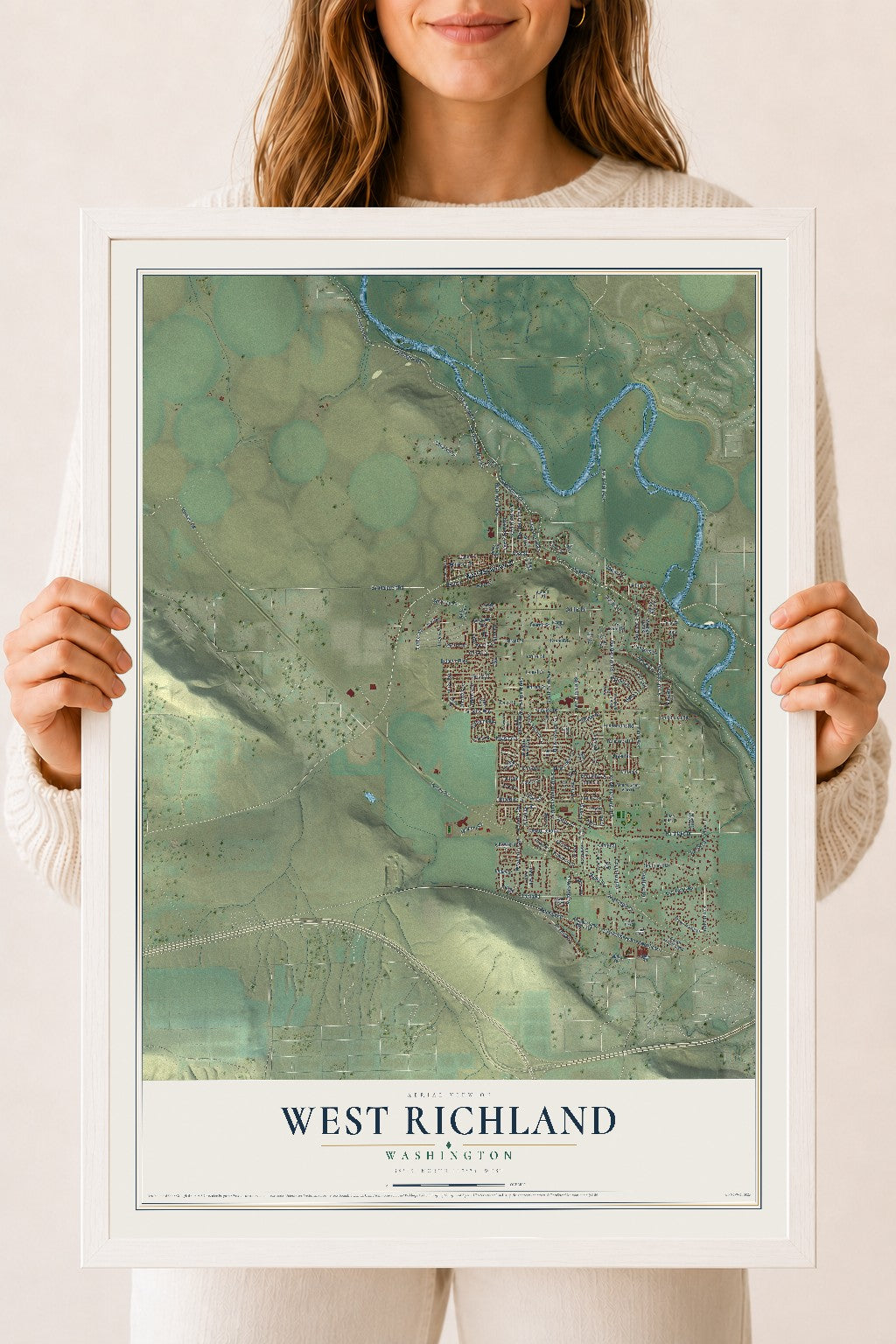Map of West Richland, Washington, 18 x 24 inch print in a white wood frame