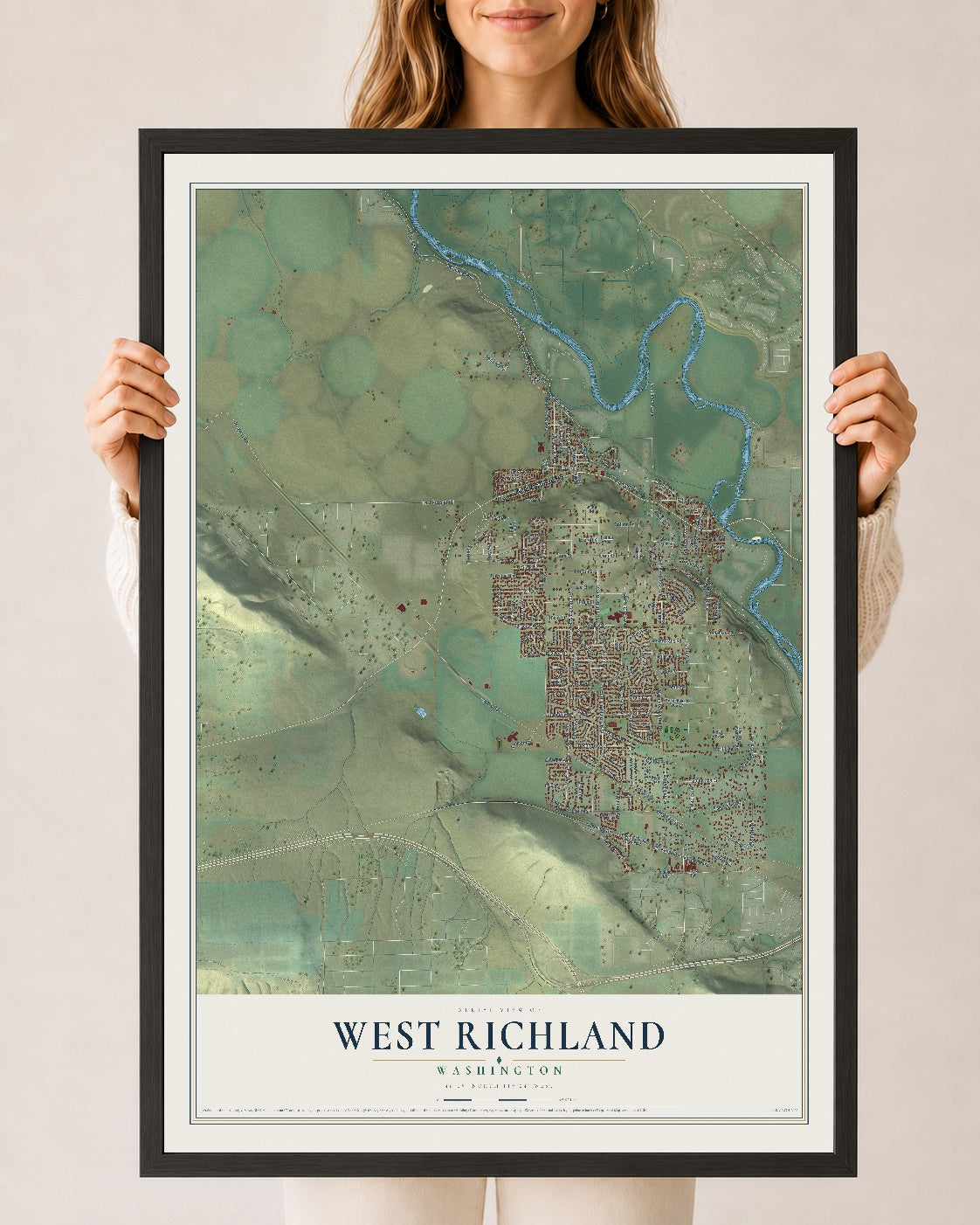 Map of West Richland, Washington, 24 x 36 inch print in a black wood frame