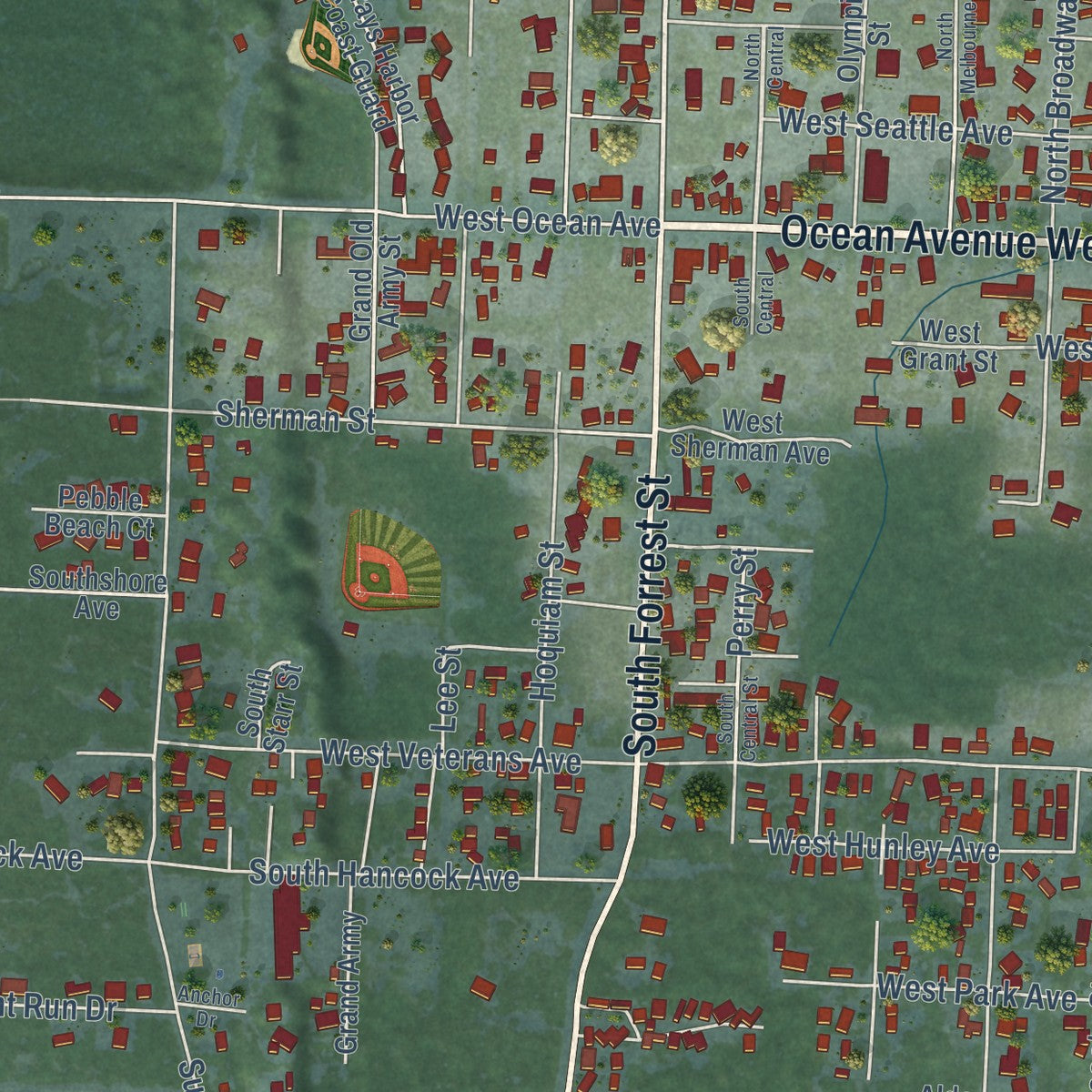 Close-up of the map of Westport, Washington print showing street and building detail