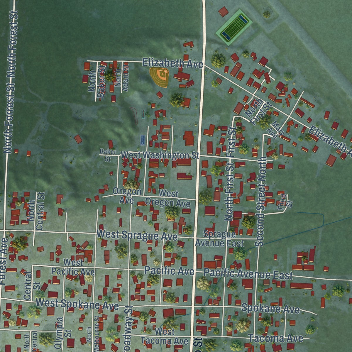 Second close-up of the map of Westport, Washington print showing more streets and buildings