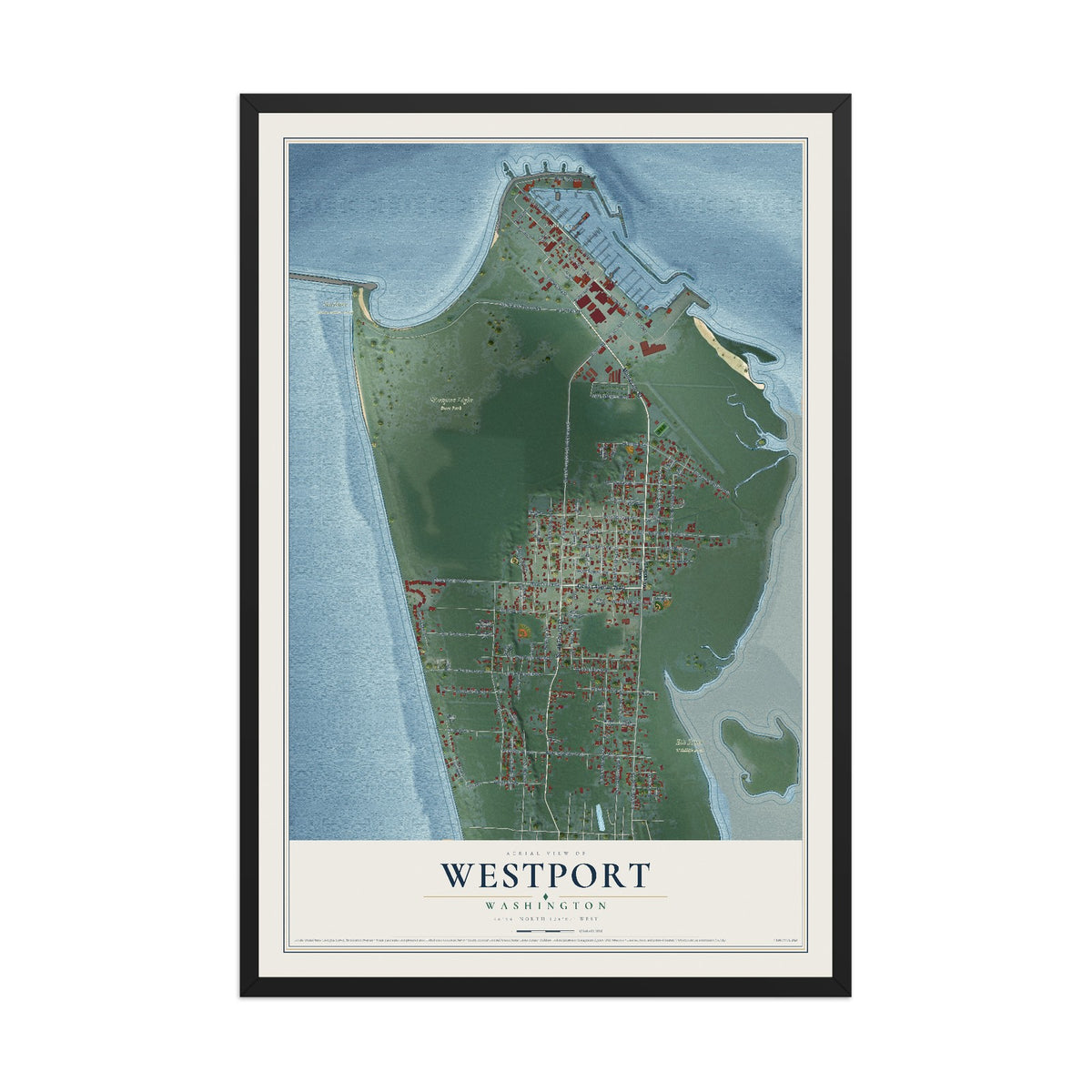 Map of Westport, Washington, 12 x 18 inch print in a black wood frame