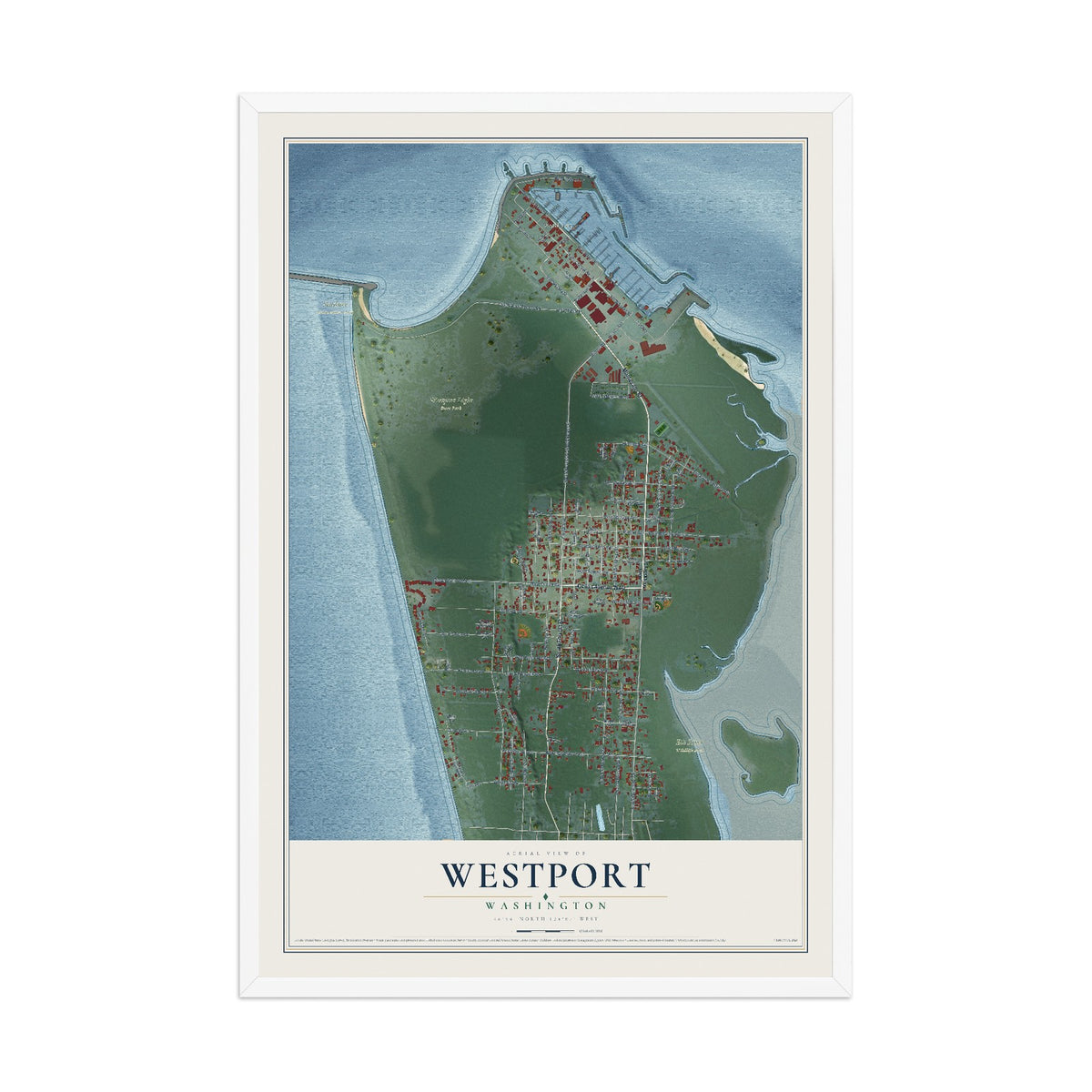 Map of Westport, Washington, 12 x 18 inch print in a white wood frame