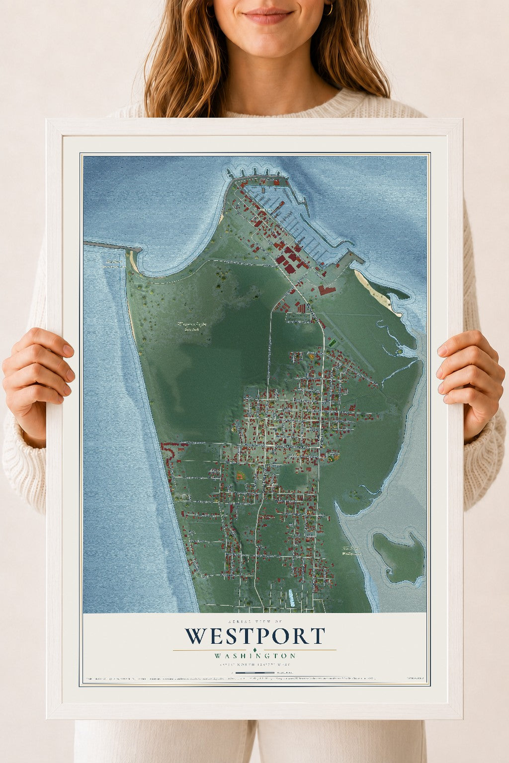 Map of Westport, Washington, 18 x 24 inch print in a white wood frame