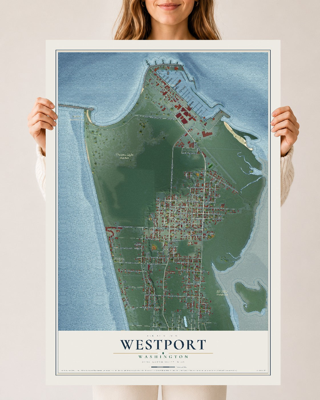 Map of Westport, Washington, 24 x 36 inch unframed archival matte print