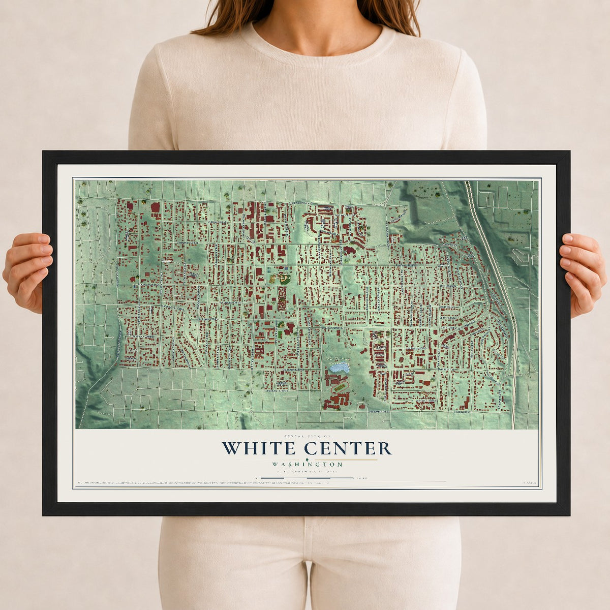 Map of White Center, Washington, 12 x 18 inch print in a black wood frame