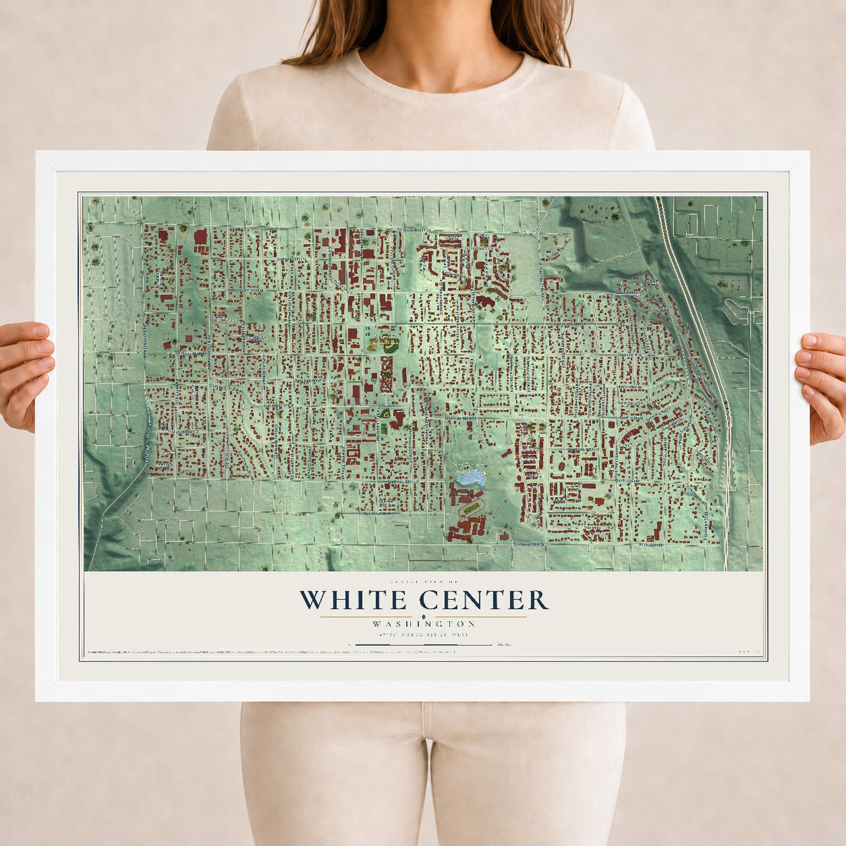 Map of White Center, Washington, 18 x 24 inch print in a white wood frame