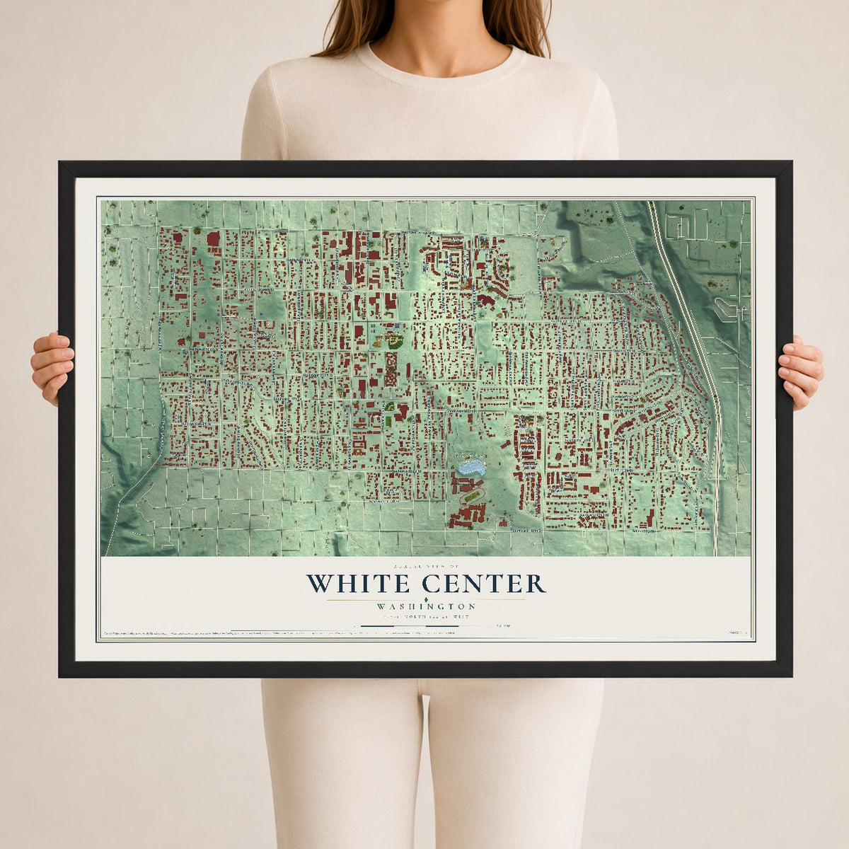 Map of White Center, Washington, 24 x 36 inch print in a black wood frame