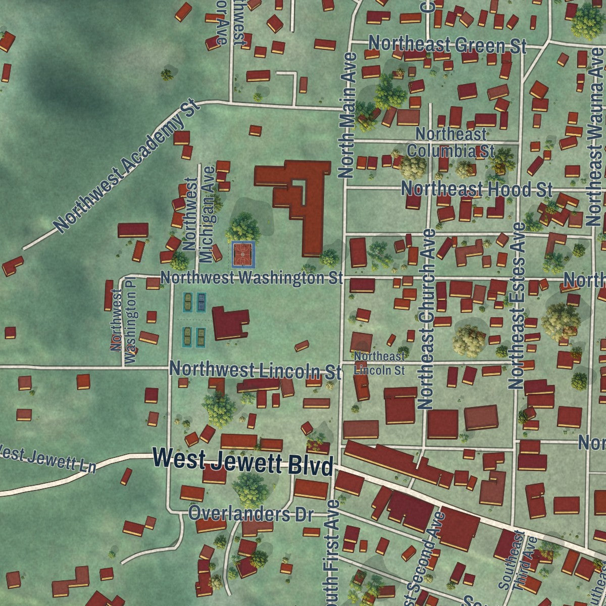 Close-up of the map of White Salmon, Washington print showing street and building detail
