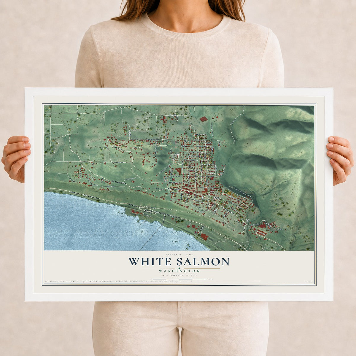 Map of White Salmon, Washington, 12 x 18 inch print in a white wood frame