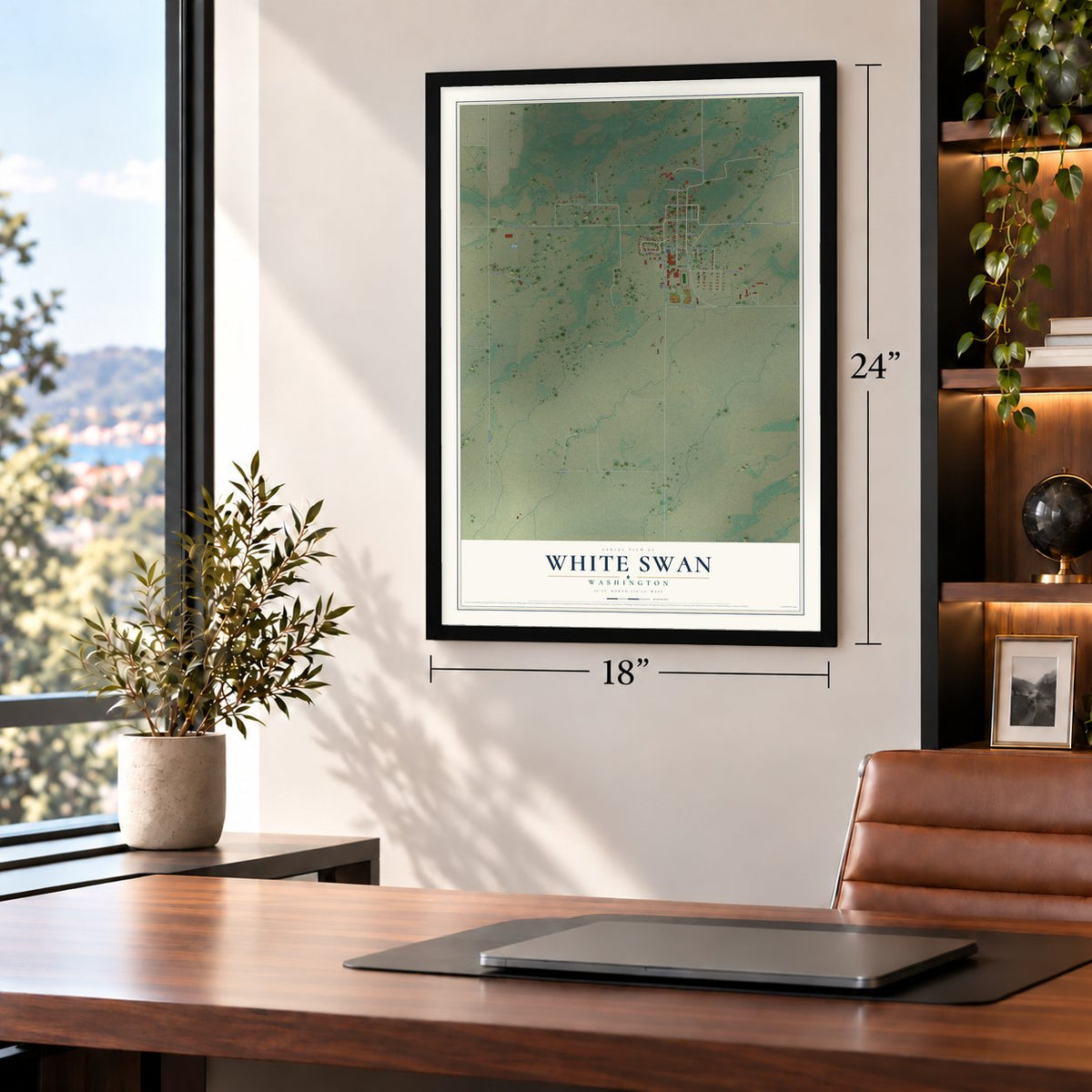White Swan, Washington map, 18 x 24 inch print in a black frame in a home office