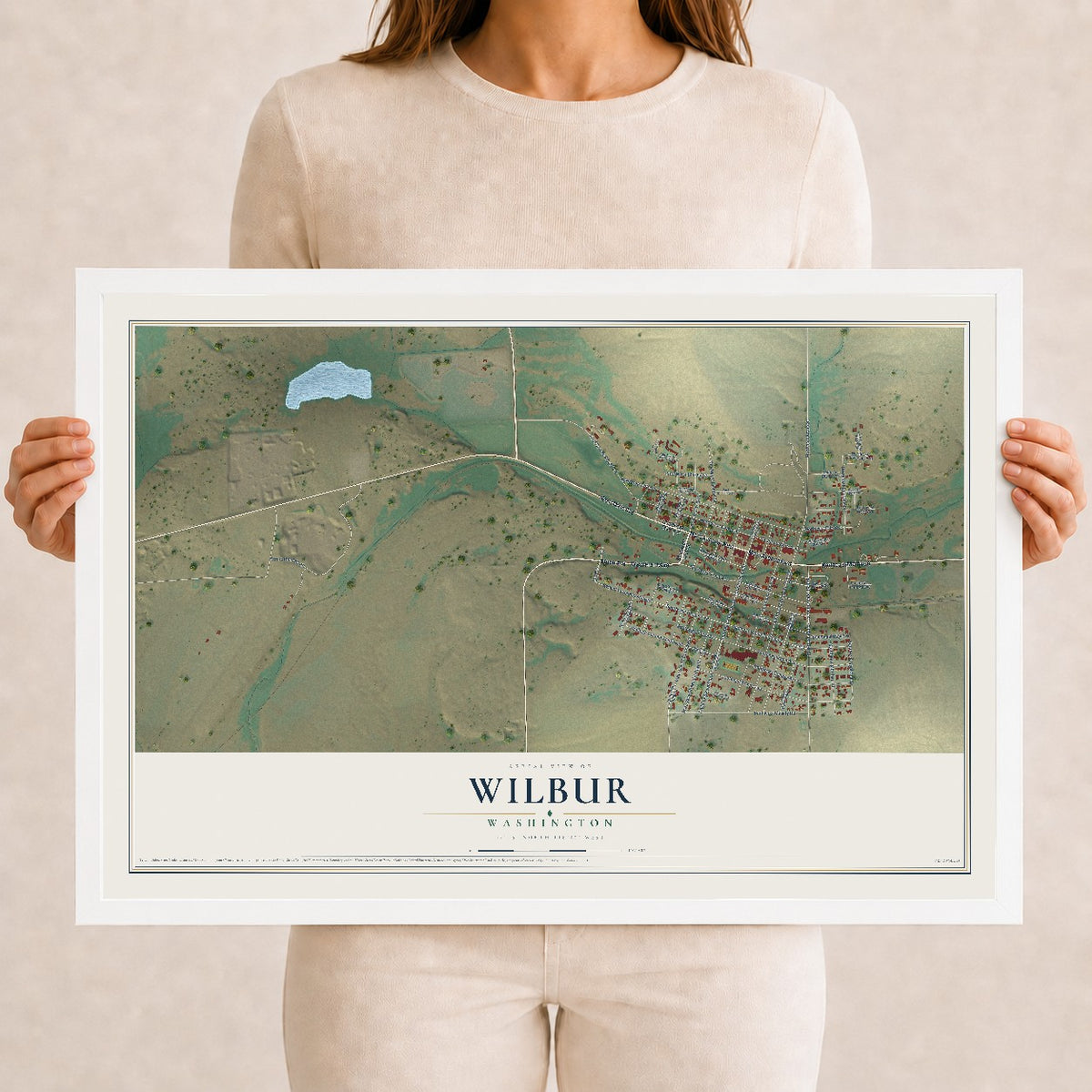 Map of Wilbur, Washington, 12 x 18 inch print in a white wood frame