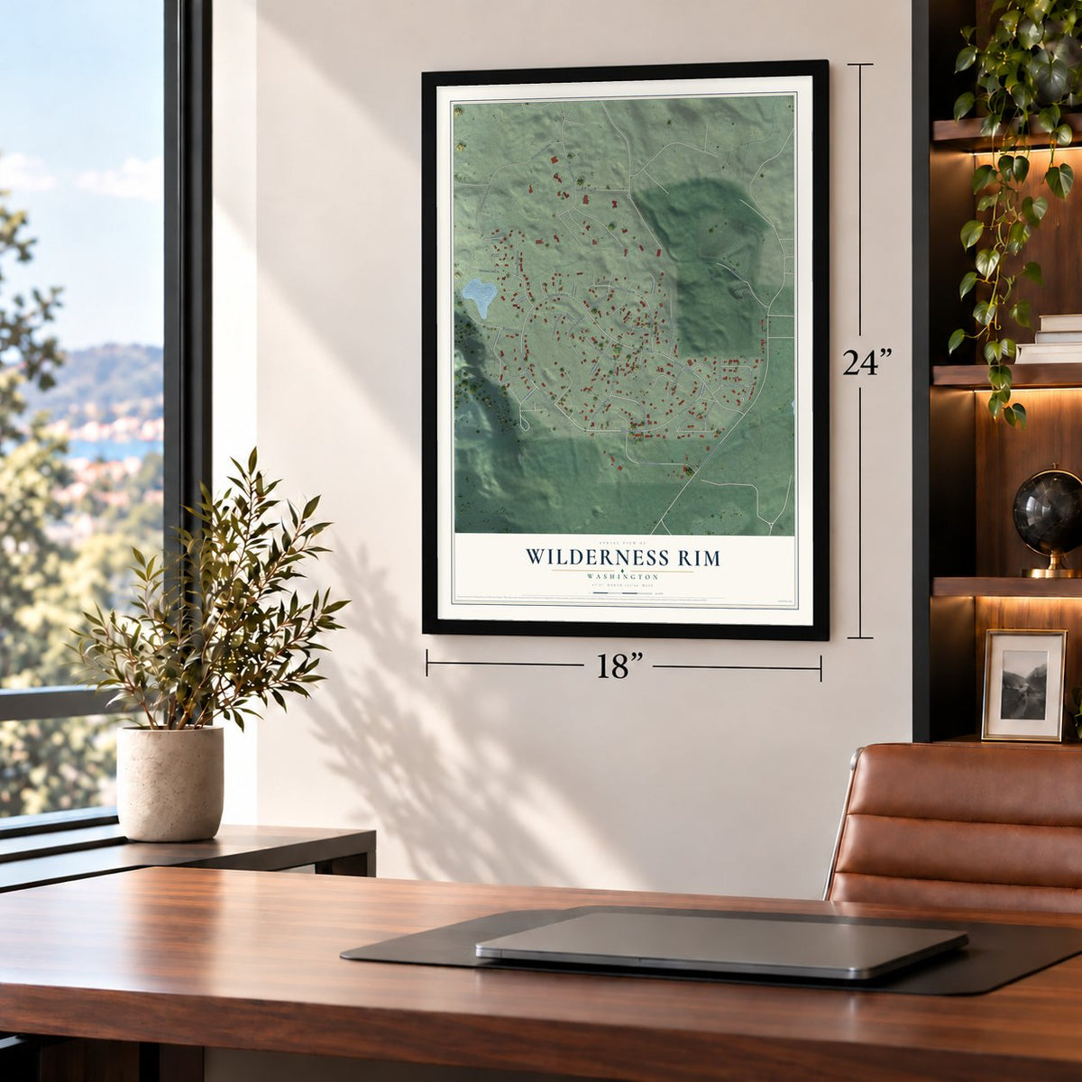 Wilderness Rim, Washington map, 18 x 24 inch print in a black frame in a home office