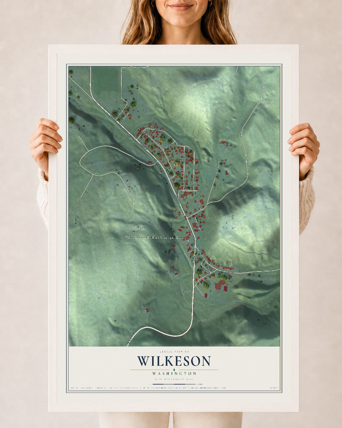 Map of Wilkeson, Washington, 24 x 36 inch print in a white wood frame