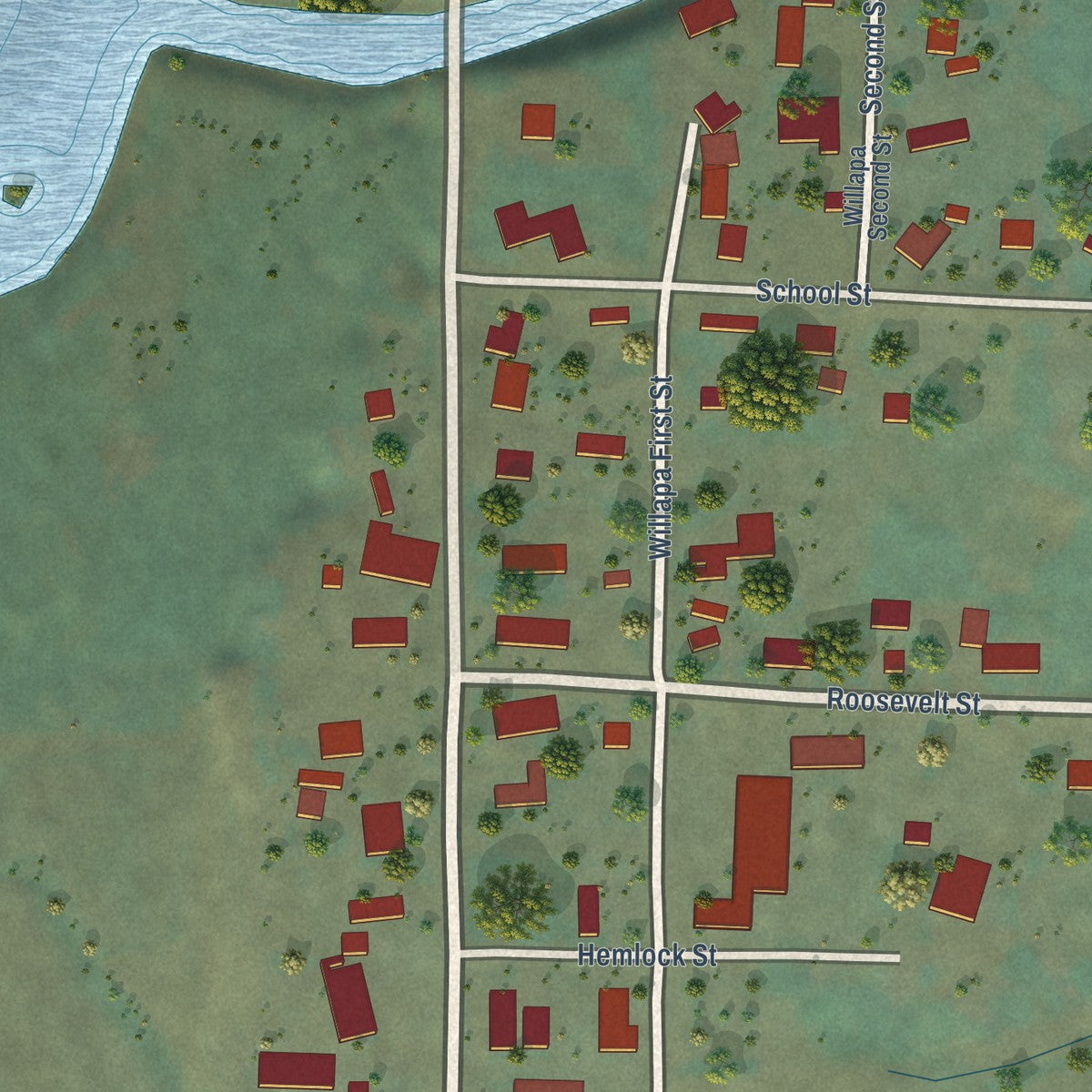 Close-up of the map of Willapa, Washington print showing street and building detail
