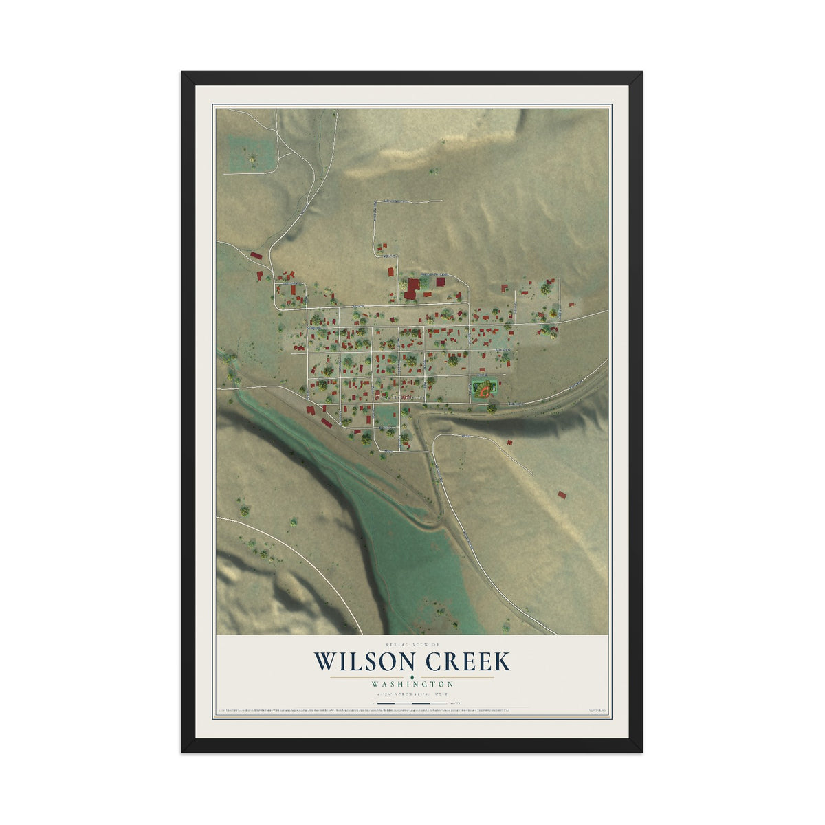 Map of Wilson Creek, Washington, 12 x 18 inch print in a black wood frame