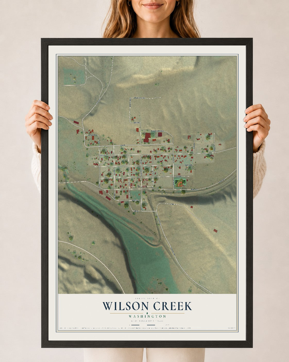 Map of Wilson Creek, Washington, 24 x 36 inch print in a black wood frame