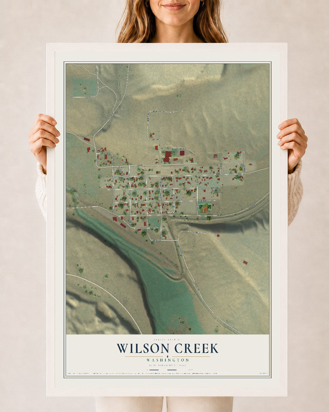 Map of Wilson Creek, Washington, 24 x 36 inch print in a white wood frame