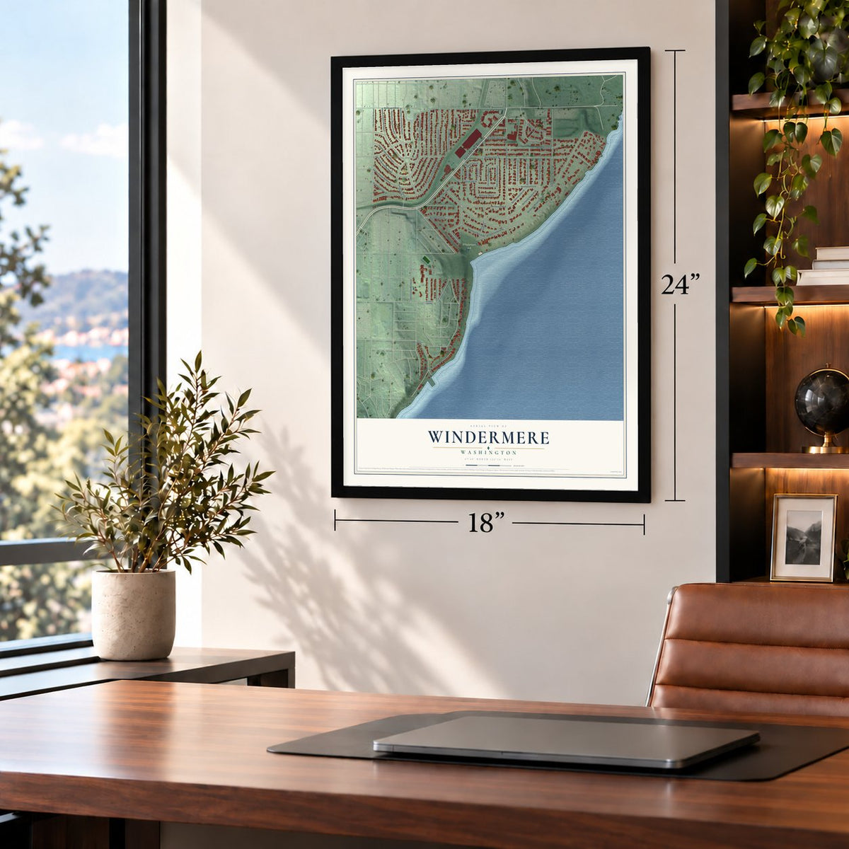 Windermere, Washington map, 18 x 24 inch print in a black frame in a home office