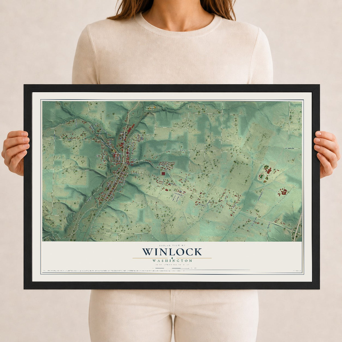 Map of Winlock, Washington, 12 x 18 inch print in a black wood frame
