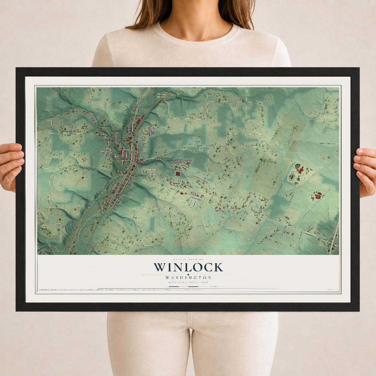 Map of Winlock, Washington, 18 x 24 inch print in a black wood frame