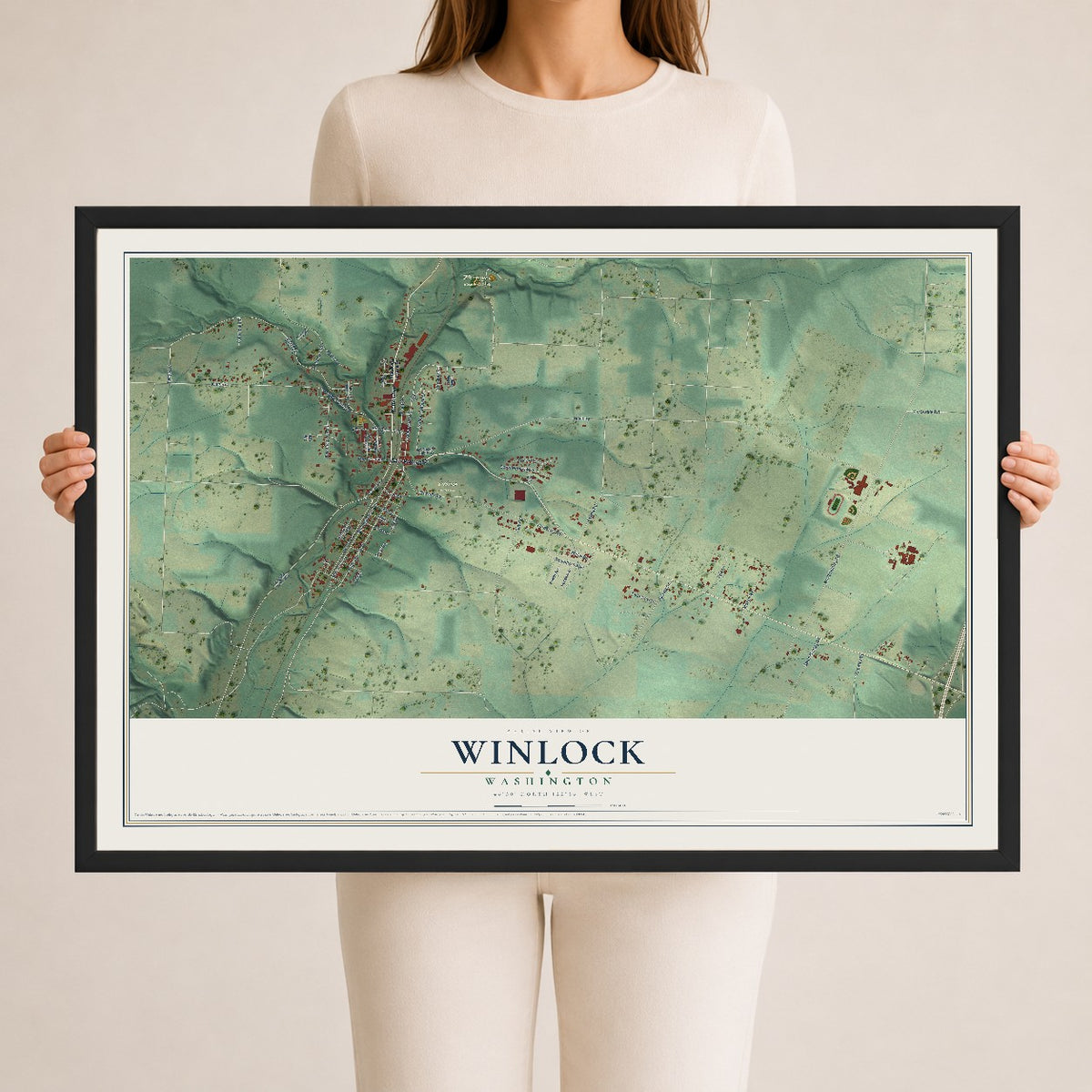 Map of Winlock, Washington, 24 x 36 inch print in a black wood frame