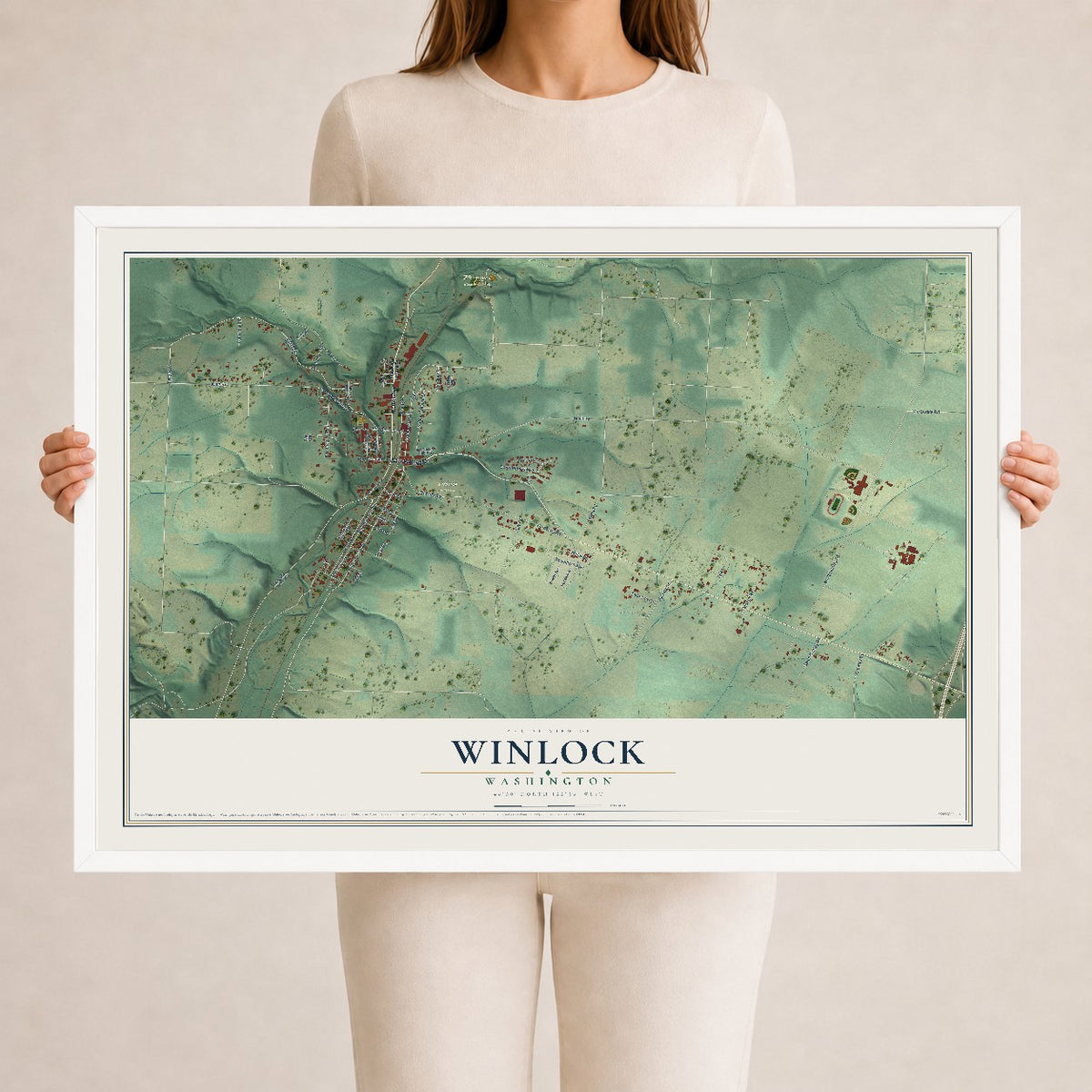 Map of Winlock, Washington, 24 x 36 inch print in a white wood frame
