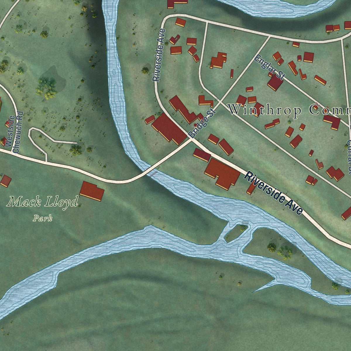 Second close-up of the map of Winthrop, Washington print showing more streets and buildings