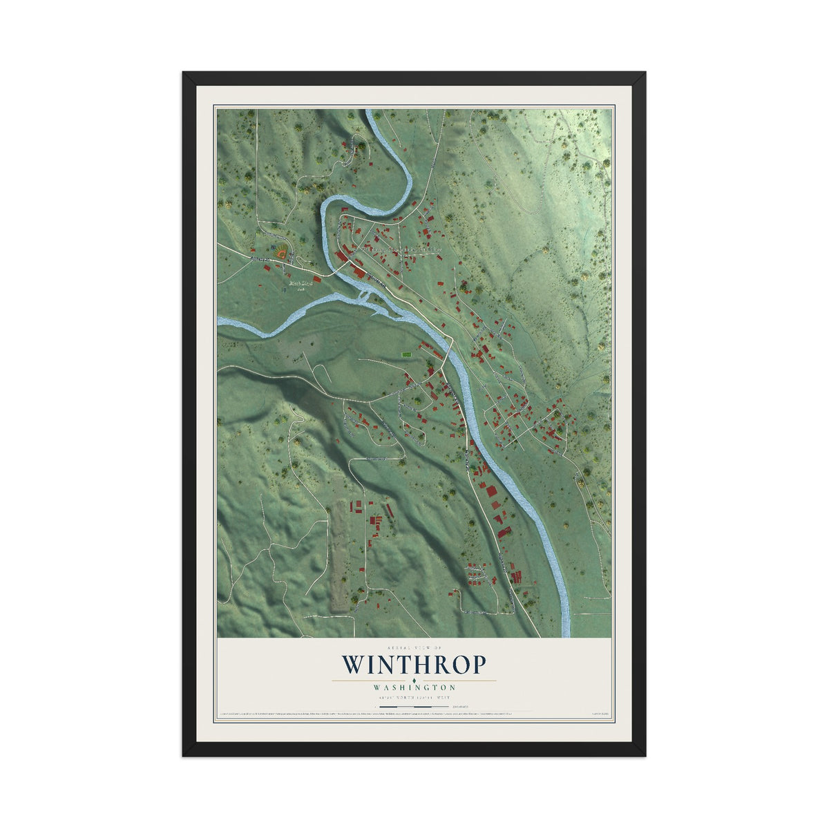 Map of Winthrop, Washington, 12 x 18 inch print in a black wood frame