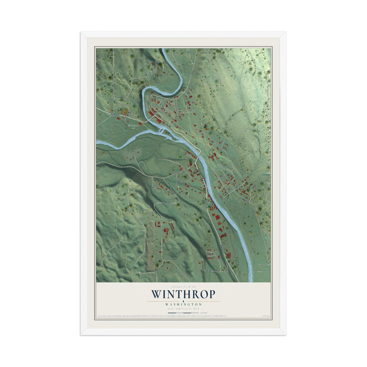 Map of Winthrop, Washington, 12 x 18 inch print in a white wood frame