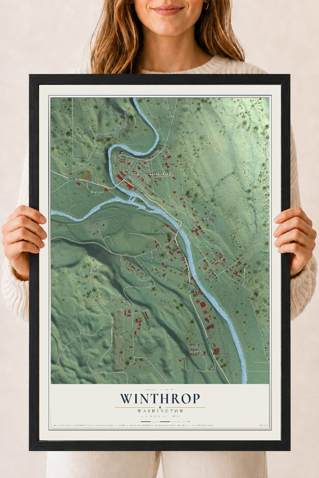 Map of Winthrop, Washington, 18 x 24 inch print in a black wood frame