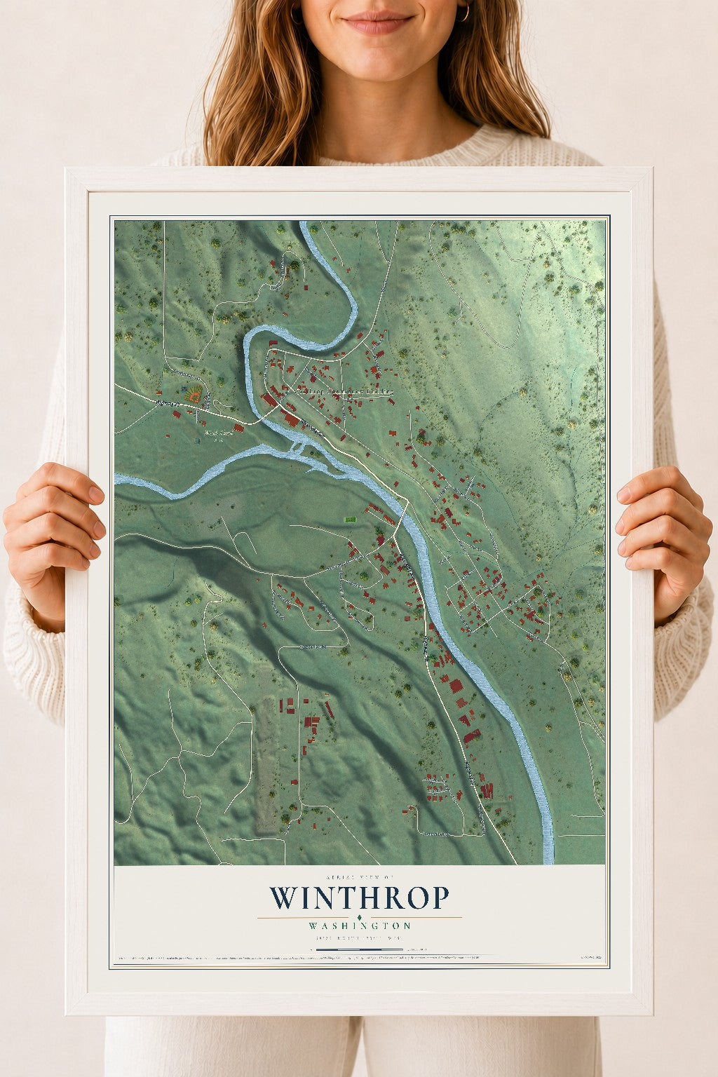 Map of Winthrop, Washington, 18 x 24 inch print in a white wood frame