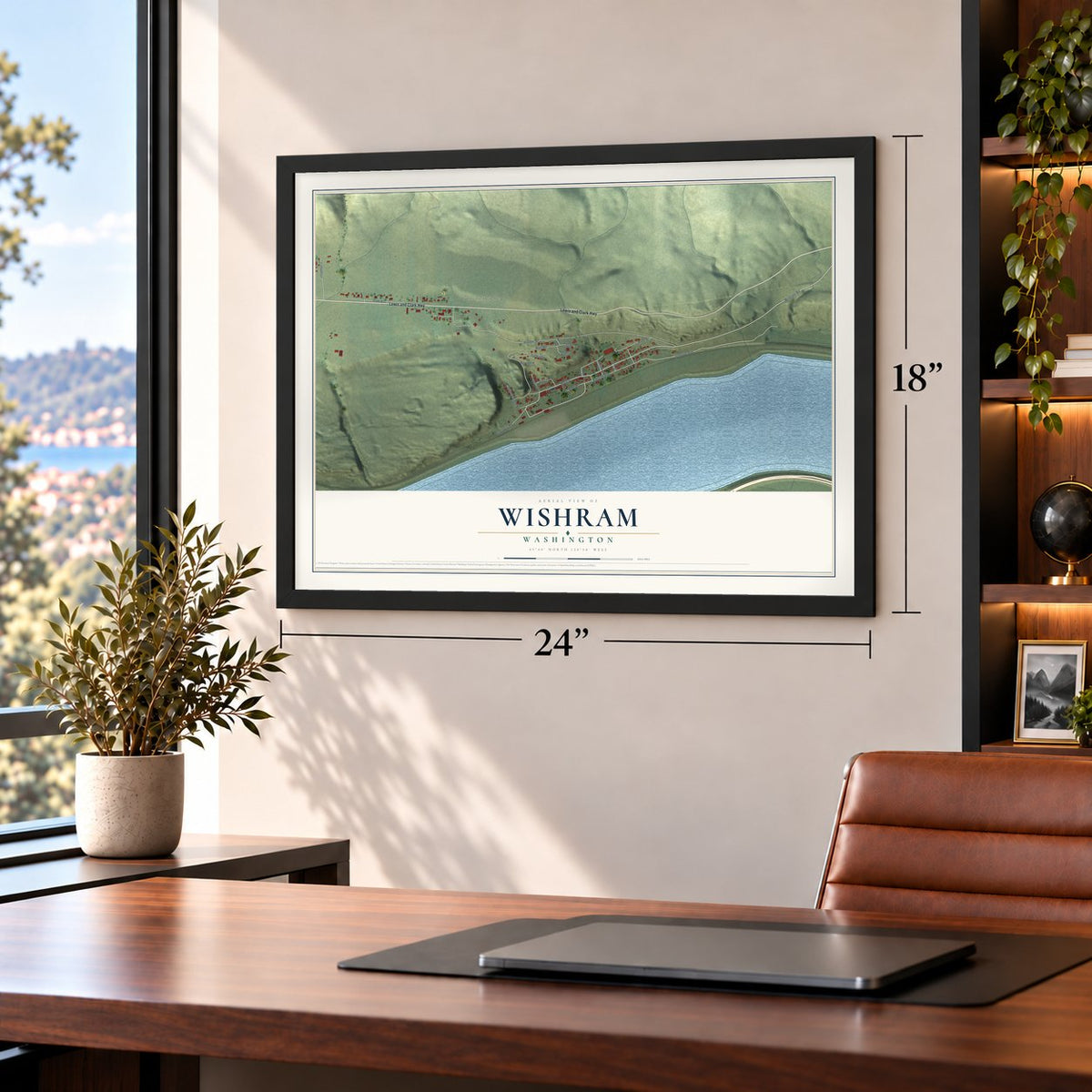 Wishram, Washington map, 18 x 24 inch print in a black frame in a home office