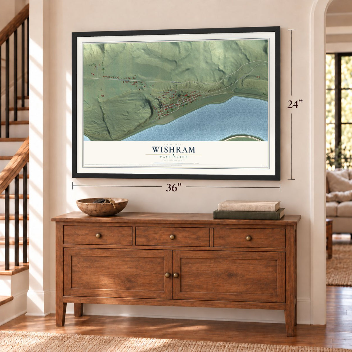 Wishram, Washington map, 24 x 36 inch print in a black frame above a dresser by a staircase