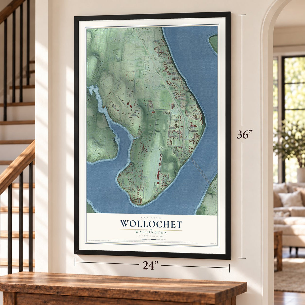 Wollochet, Washington map, 24 x 36 inch print in a black frame by a staircase