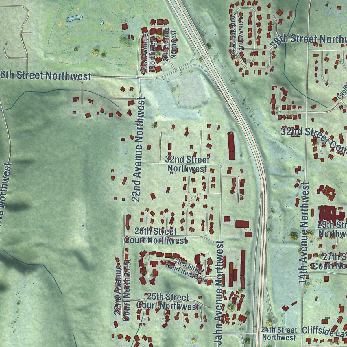 Close-up of the map of Wollochet, Washington print showing street and building detail