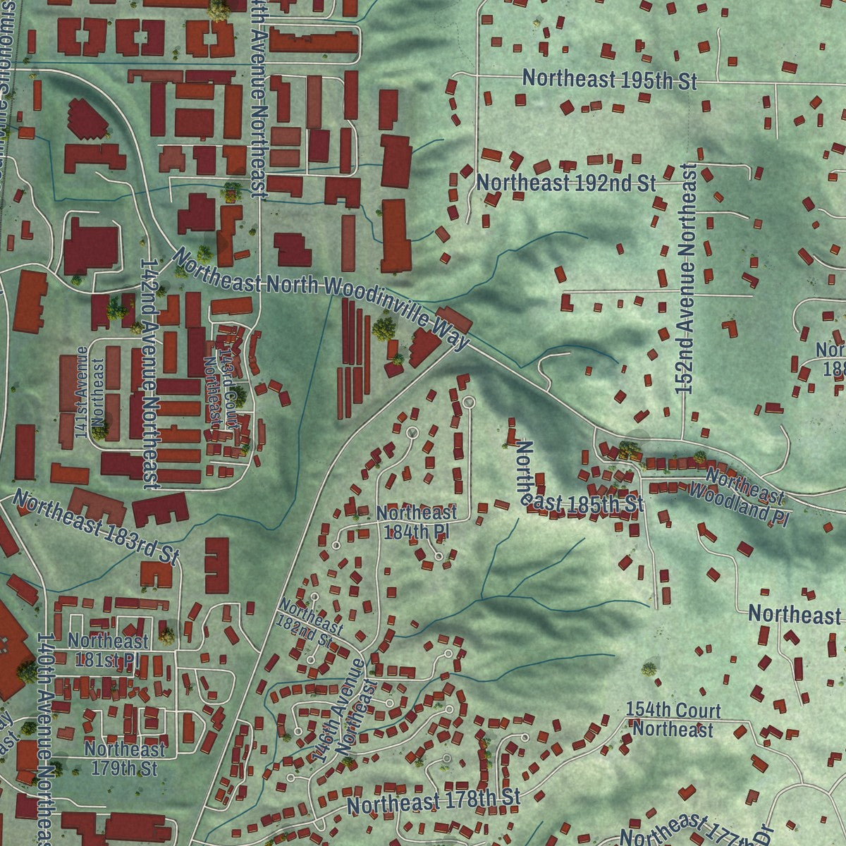 Close-up of the map of Woodinville, Washington print showing street and building detail