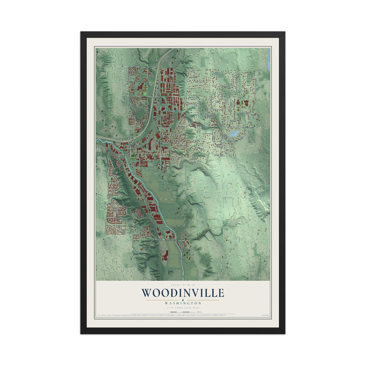 Map of Woodinville, Washington, 12 x 18 inch print in a black wood frame