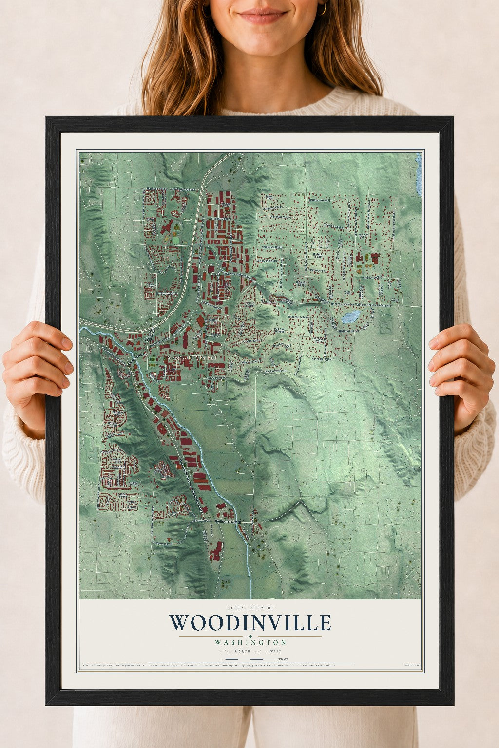 Map of Woodinville, Washington, 18 x 24 inch print in a black wood frame
