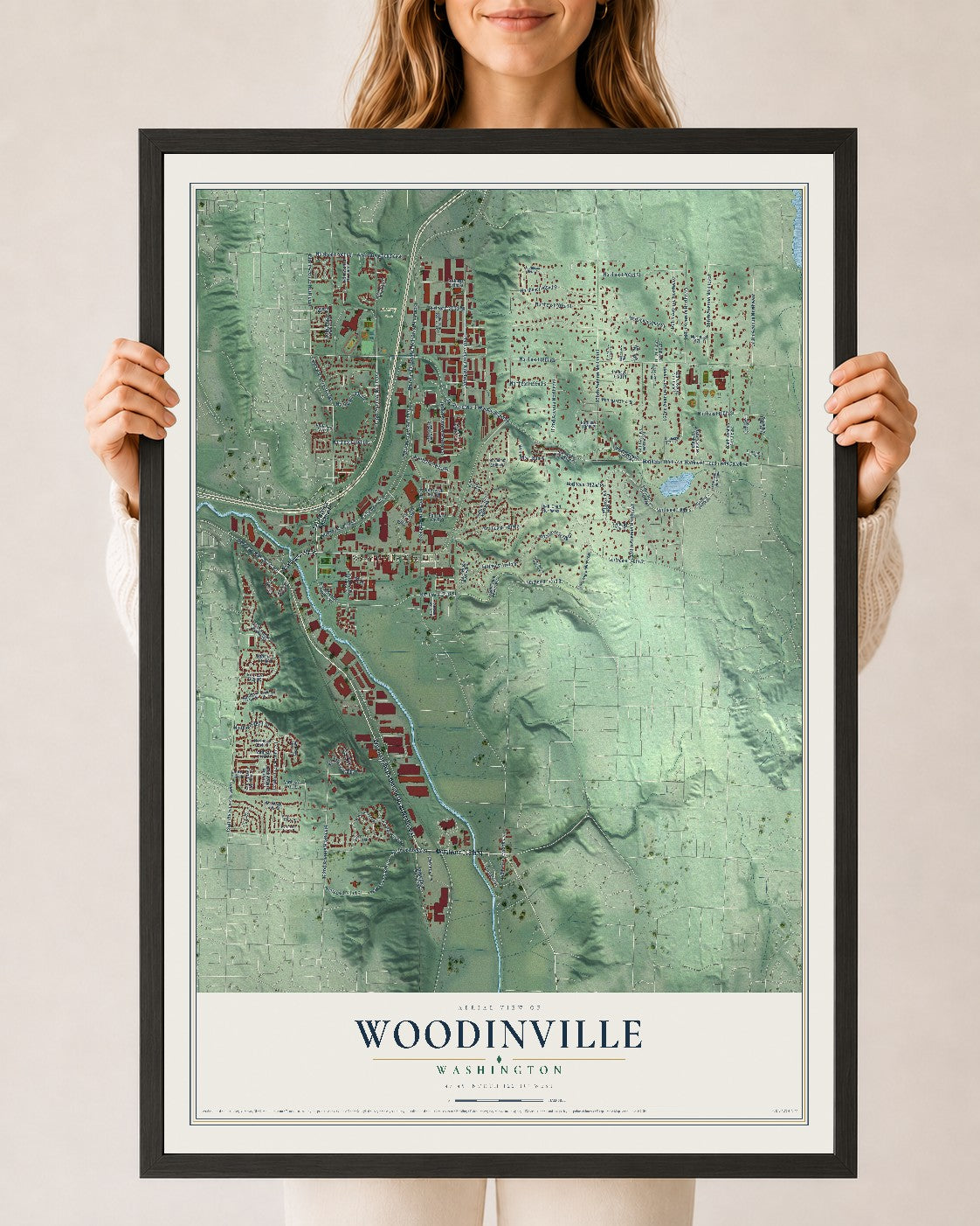 Map of Woodinville, Washington, 24 x 36 inch print in a black wood frame